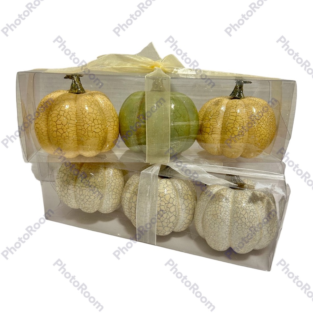 Foam Pumpkin Fall Decor Crackle Effect Green White Yellow 2 Sets of 3 New
